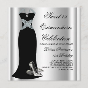 Invitación Vestido Negro Zapatos de Tacón Alto Dulces 15 Quin