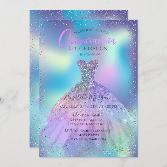 Invitación Vestido Ombre, Quinceañera Holográfica de Confeti (Anverso / Reverso)