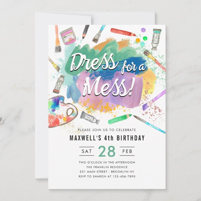 Invitación Vestido para un niño de ajedrez Art Pintar Cumplea (Anverso)
