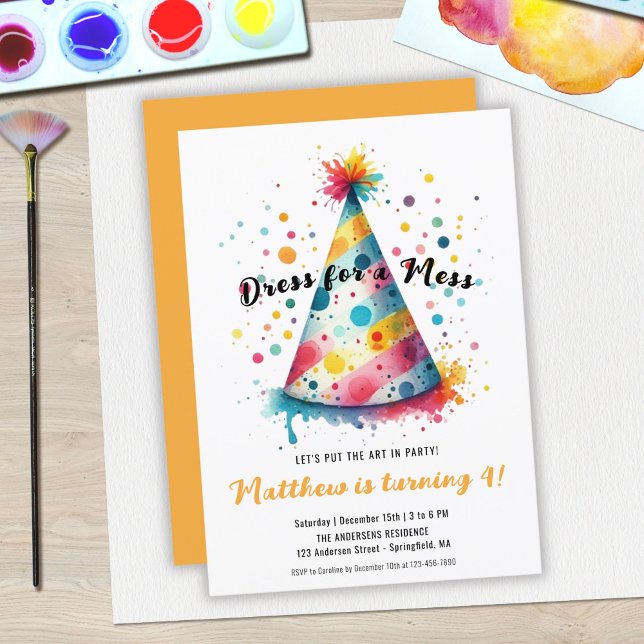 Invitación Vestido para un niño de ajedrez Fun Art Painting C (Dress for a Mess Kids Fun Art Painting Birthday Invitation)