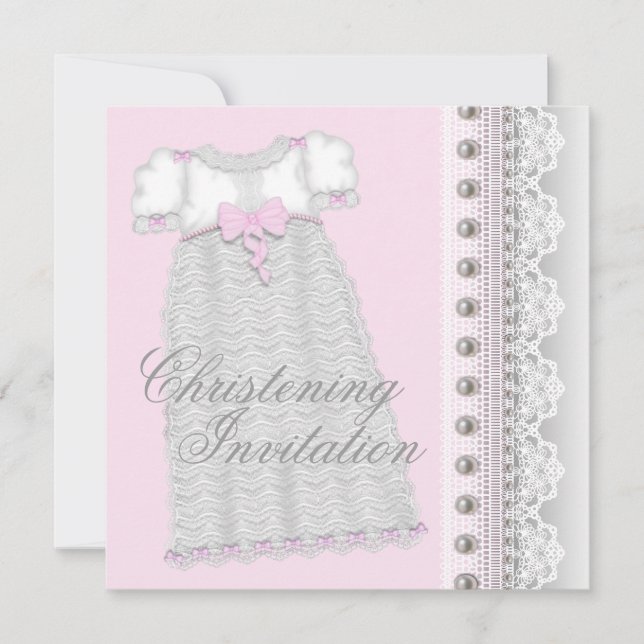 Invitación Vestido Perlas Plateadas Niña Bebé Rosa Bautizo (Anverso)