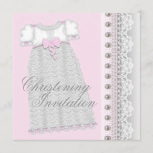 Invitación Vestido Perlas Plateadas Niña Bebé Rosa Bautizo