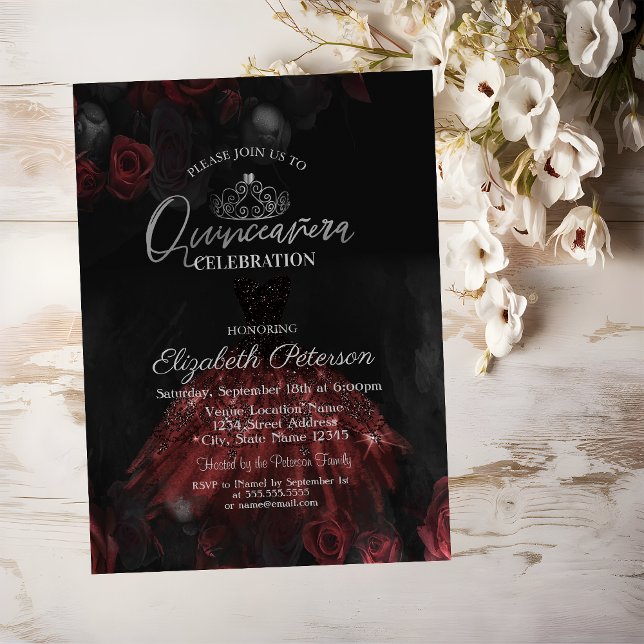 Invitación Vestido, Plata Tiara, Roses Rojos Quinceañera (Subido por el creador)