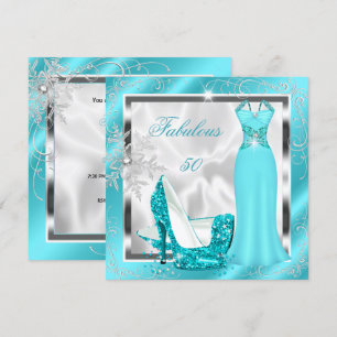 Invitación Vestido Plateado Azul Teal de Fiesta Fabuloso 50 T