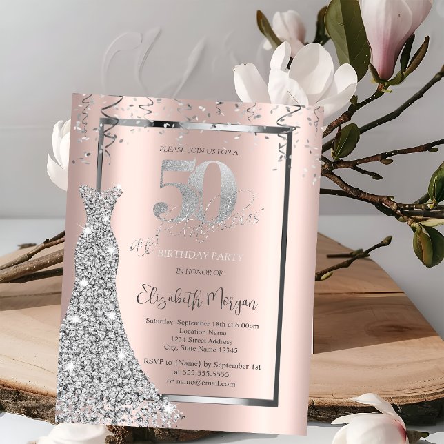 Invitación Vestido plateado brillante rosa dorado Cumpleaños  (Subido por el creador)