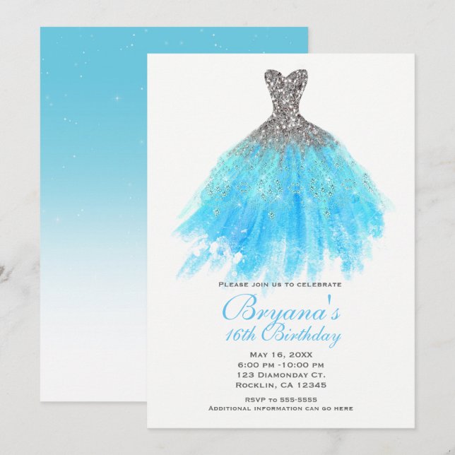 Invitación Vestido Plateado Brillo Azul Aqua Glam Fiesta Dulc (Anverso / Reverso)