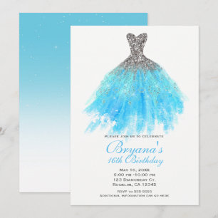 Invitación Vestido Plateado Brillo Azul Aqua Glam Fiesta Dulc