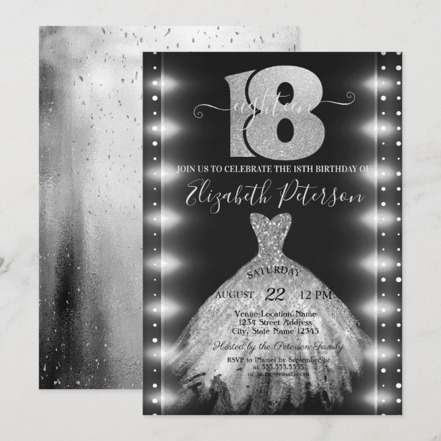 Invitación Vestido plateado chic luces de confeti 18 cumpleañ (Anverso / Reverso)