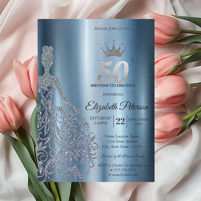 Invitación Vestido Plateado con Brillo, Diamantes Cumpleaños  (Subido por el creador)