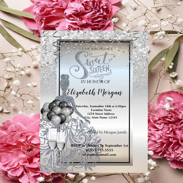 Invitación Vestido Plateado con Brillo, Vidrio, Globos Fiesta (Subido por el creador)