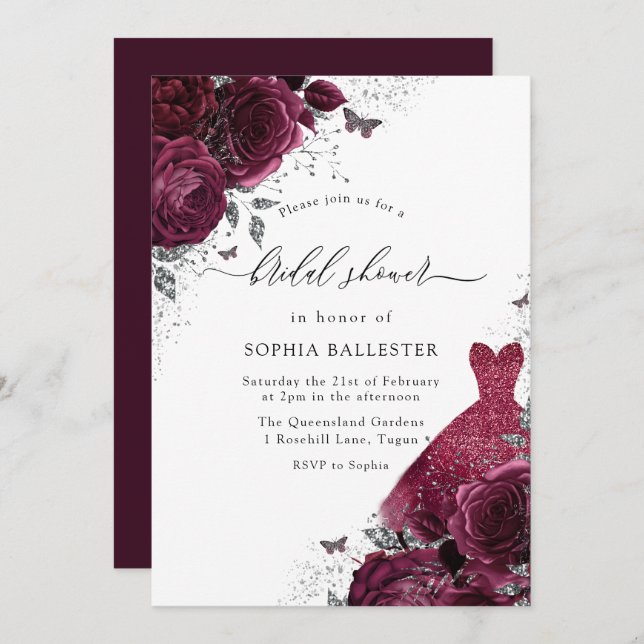 Invitación Vestido plateado de Borgoña y Rosas florales ducha (Anverso / Reverso)