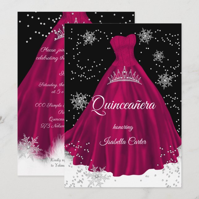 Invitación Vestido plateado de copo de nieve rosa de Burdeos  (Anverso / Reverso)