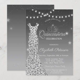 Invitación Vestido plateado elegante, Luces de cadena Quincea