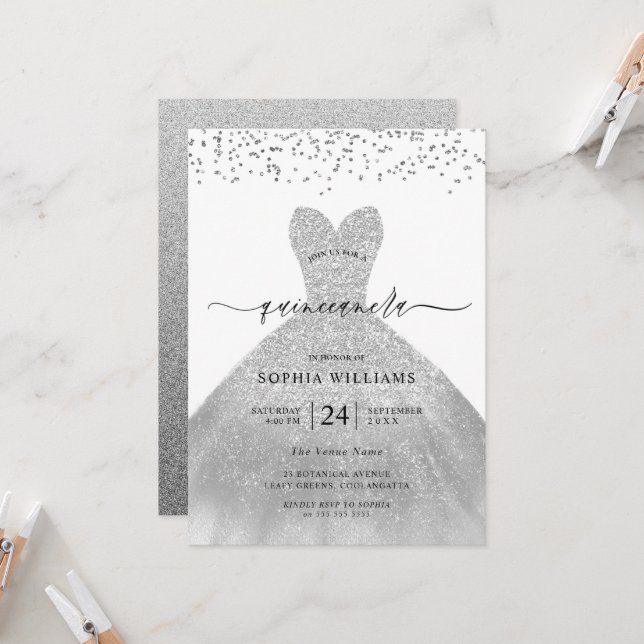 Invitación Vestido plateado elegante Purpurina Quinceanera Fi (Anverso/Reverso In Situ)