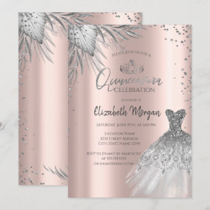 Invitación Vestido Plateado, Flores de Pampas Rosa Dorado Qui
