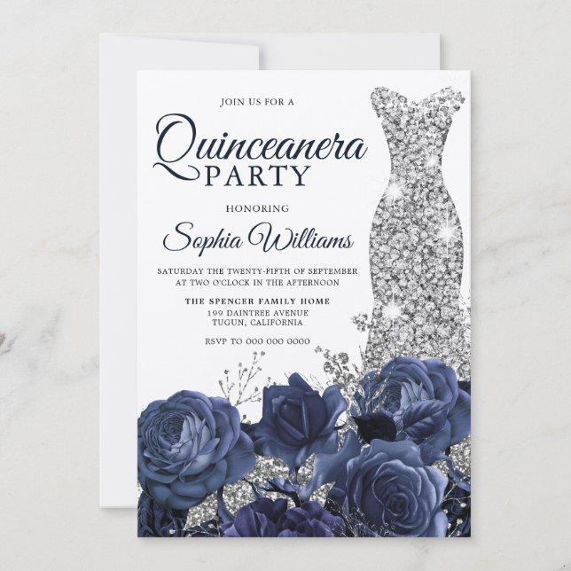 Invitación Vestido plateado Navía de traje de baño Quinceaner (Anverso)