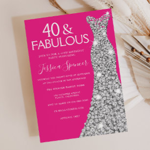 Invitación Vestido plateado Rosa 40 y fabuloso cumpleaños 40