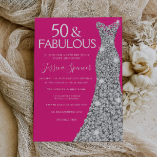 Invitación Vestido plateado Rosa 50 y fabuloso cumpleaños 50