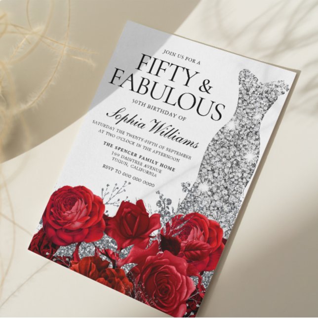 Invitación Vestido plateado Roses rojos enlucidos Fiesta de c (Subido por el creador)