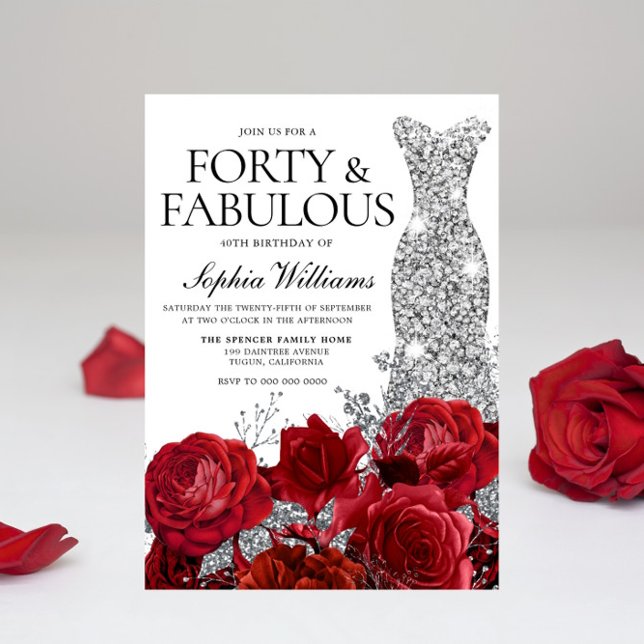 Invitación Vestido plateado Roses rojos rojos 40 Fiesta de cu (Subido por el creador)