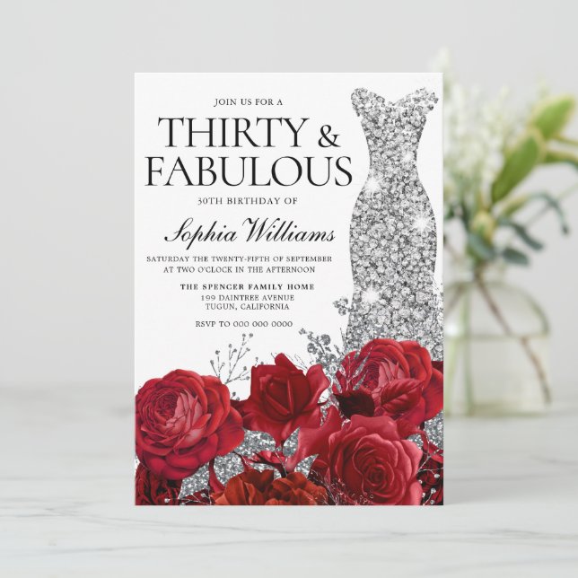 Invitación Vestido plateado Roses rojos rojos trescientos Fie (Anverso de pie)