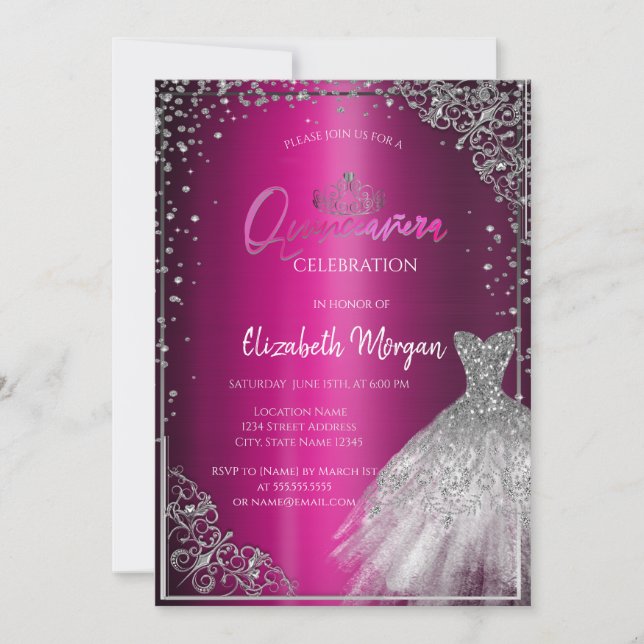 Invitación Vestido plateado Tiara, Diamantes Quinceañera púrp (Anverso)
