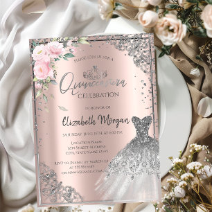 Invitación Vestido plateado Tiara,Flores Rosa de oro Quinceañ