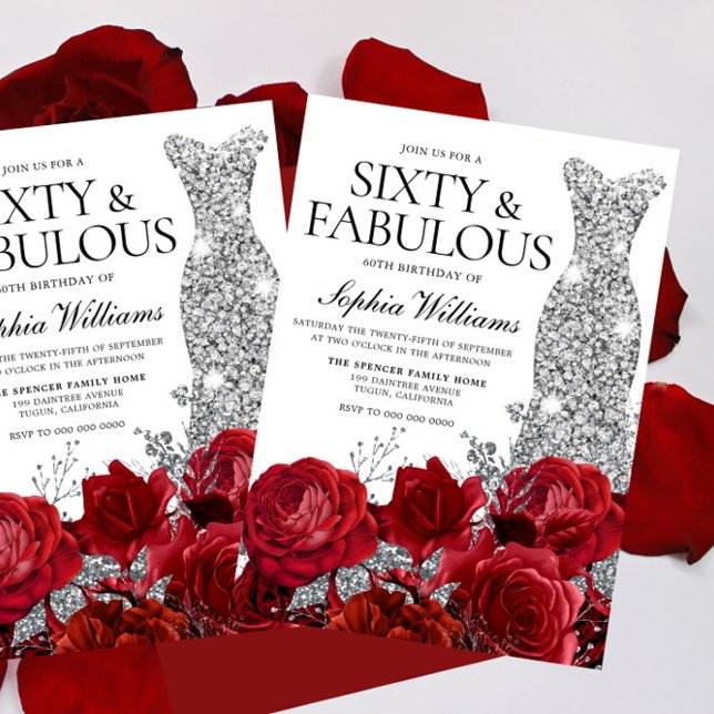 Invitación Vestido plateado vestido Roses rojos 60 cumpleaños (Subido por el creador)