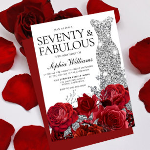 Invitación Vestido plateado vestido Roses rojos 70 cumpleaños