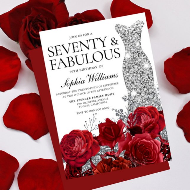Invitación Vestido plateado vestido Roses rojos 70 cumpleaños (Subido por el creador)
