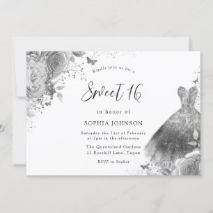 Invitación Vestido plateado y gris Floral Fiesta Sweet 16