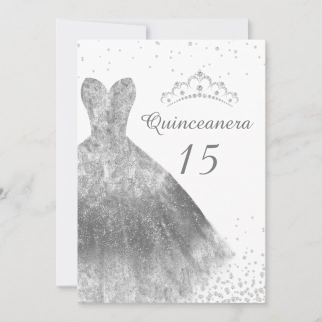 Invitación Vestido plateado y Tiara Quinceanera 15º cumpleaño (Anverso)