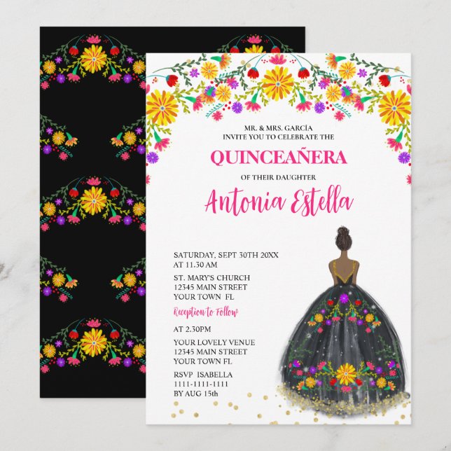 Invitación Vestido Princesa de Fiesta Mexicana Quinceanera (Anverso / Reverso)
