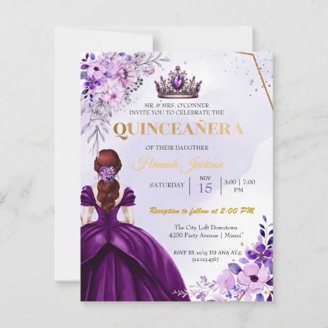 Invitación Vestido Princesa de Flor Púrpura Quinceanera (Anverso)