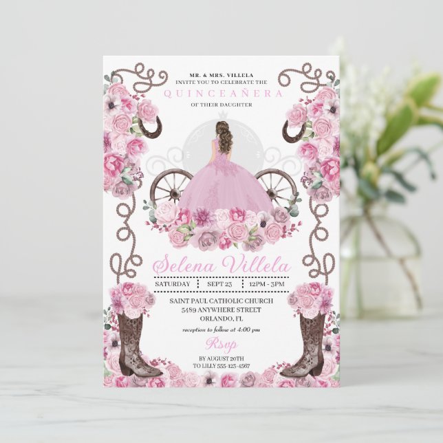 Invitación Vestido Princesa Rosa y Boots Quinceañera (Anverso de pie)