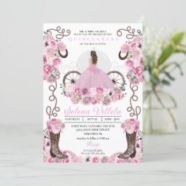 Invitación Vestido Princesa Rosa y Boots Quinceañera