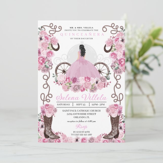 Invitación Vestido Princesa Rosa y Boots Quinceañera (Anverso de pie)