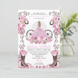 Invitación Vestido Princesa Rosa y Boots Quinceañera