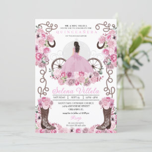 Invitación Vestido Princesa Rosa y Boots Quinceañera
