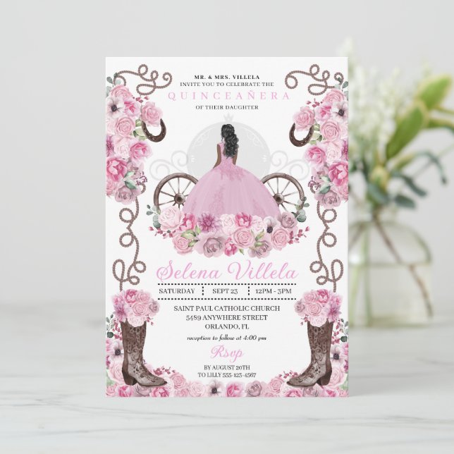 Invitación Vestido Princesa Rosa y Boots Quinceañera (Anverso de pie)
