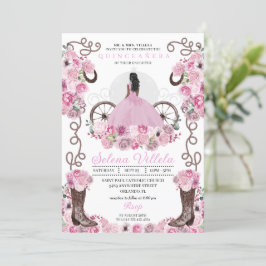 Invitación Vestido Princesa Rosa y Boots Quinceañera