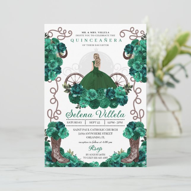 Invitación Vestido Princesa Verde y Boots Quinceañera (Anverso de pie)