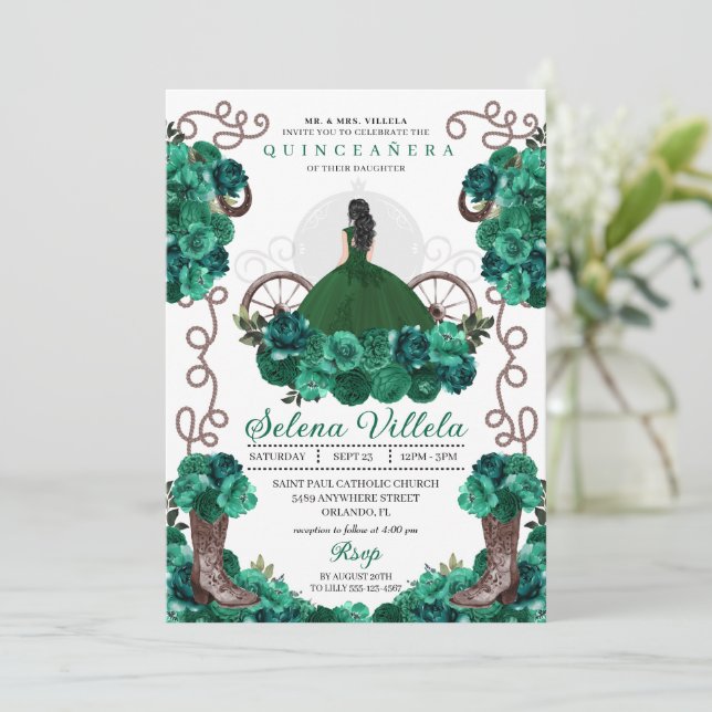 Invitación Vestido Princesa Verde y Boots Quinceañera (Anverso de pie)