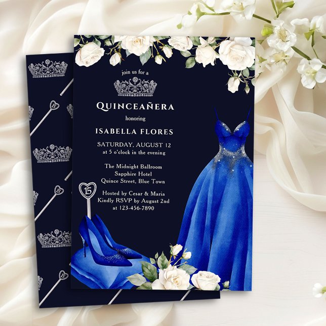 Invitación Vestido Princesa y Rosas Azul Quinceanera (Quinceanera Invitation from the Princess Dress and Roses Quinceanera collection by Darling & May)