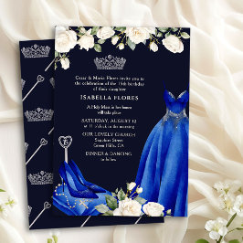 Invitación Vestido Princesa y Rosas azul quinceañera