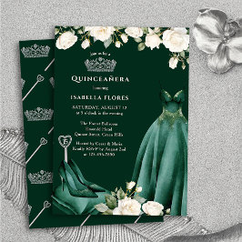 Invitación Vestido Princesa y Rosas Verde Quinceanera