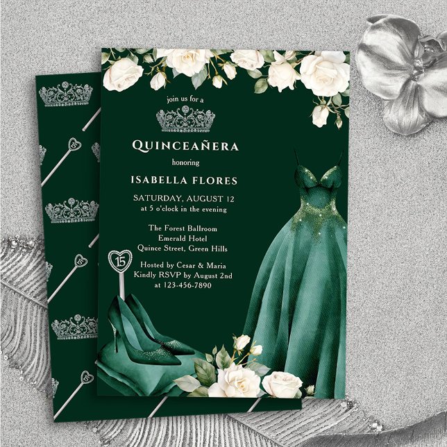 Invitación Vestido Princesa y Rosas Verde Quinceanera (Quinceanera Invitation from the Princess Dress and Roses Quinceanera Collection by Darling & May)