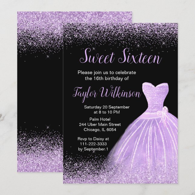 Invitación Vestido púrpura claro Purpurina dulce 16 cumpleaño (Anverso / Reverso)