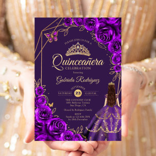 Invitación Vestido púrpura dorado Quinceañera floral