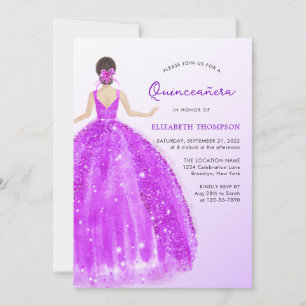 Invitación Vestido púrpura espumoso Ombre Quinceañera Cumplea